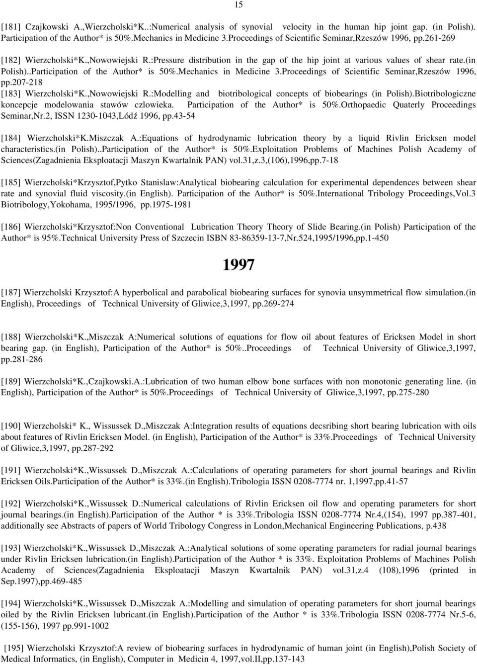 .Participation of the Author* is 50%.Mechanics in Medicine 3.Proceedings of Scientific Seminar,Rzeszów 1996, pp.207 218 [183] Wierzcholski*K.,Nowowiejski R.