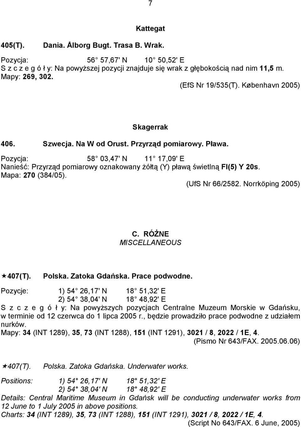 Pozycja: 58 03,47' N 11 17,09' E Nanieść: Przyrząd pomiarowy oznakowany żółtą (Y) pławą świetlną Fl(5) Y 20s. Mapa: 270 (384/05). (UfS Nr 66/2582. Norrköping 2005) C. RÓŻNE MISCELLANEOUS!407(T).