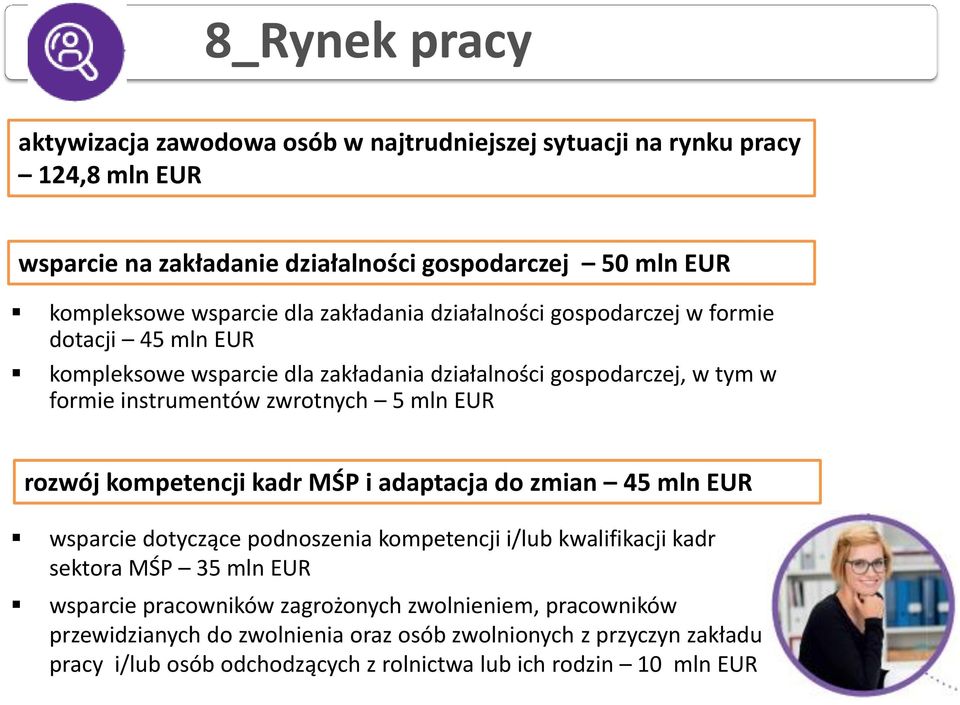 zwrotnych 5 mln EUR rozwój kompetencji kadr MŚP i adaptacja do zmian 45 mln EUR wsparcie dotyczące podnoszenia kompetencji i/lub kwalifikacji kadr sektora MŚP 35 mln EUR