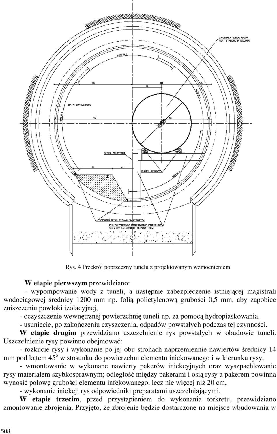 za pomocą hydropiaskowania, - usuniecie, po zakończeniu czyszczenia, odpadów powstałych podczas tej czynności. W etapie drugim przewidziano uszczelnienie rys powstałych w obudowie tuneli.