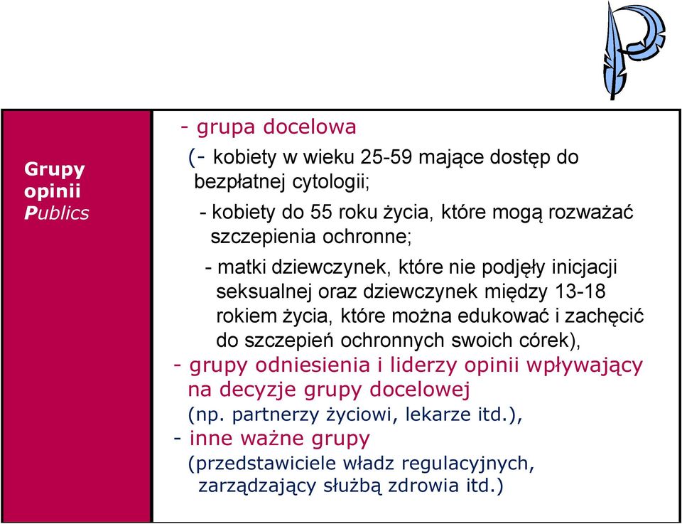 życia, które można edukować i zachęcić do szczepień ochronnych swoich córek), - grupy odniesienia i liderzy opinii wpływający na decyzje