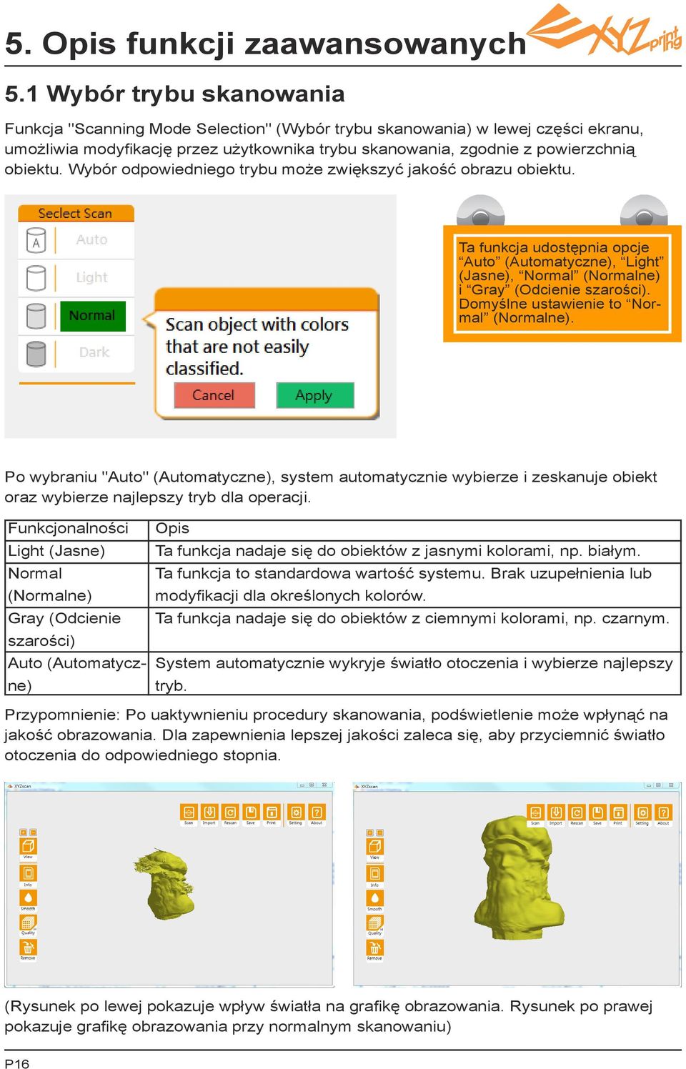 Wybór odpowiedniego trybu może zwiększyć jakość obrazu obiektu. Ta funkcja udostępnia opcje Auto (Automatyczne), Light (Jasne), Normal (Normalne) i Gray (Odcienie szarości).