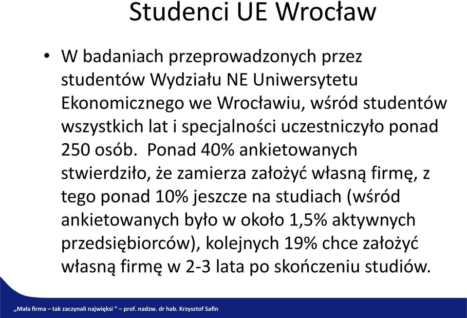 Ponad 40% ankietowanych stwierdziło, że zamierza założyć własną firmę, z tego ponad 10% jeszcze na studiach