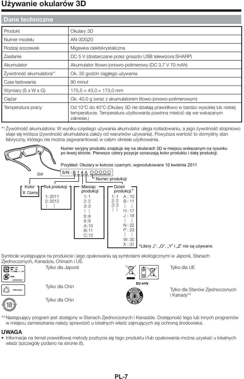 40,0 g (wraz z akumulatorem litowo-jonowo-polimerowym) Od 10 C do 40 C (Okulary 3D nie działają prawidłowo w bardzo wysokiej lub niskiej temperaturze.