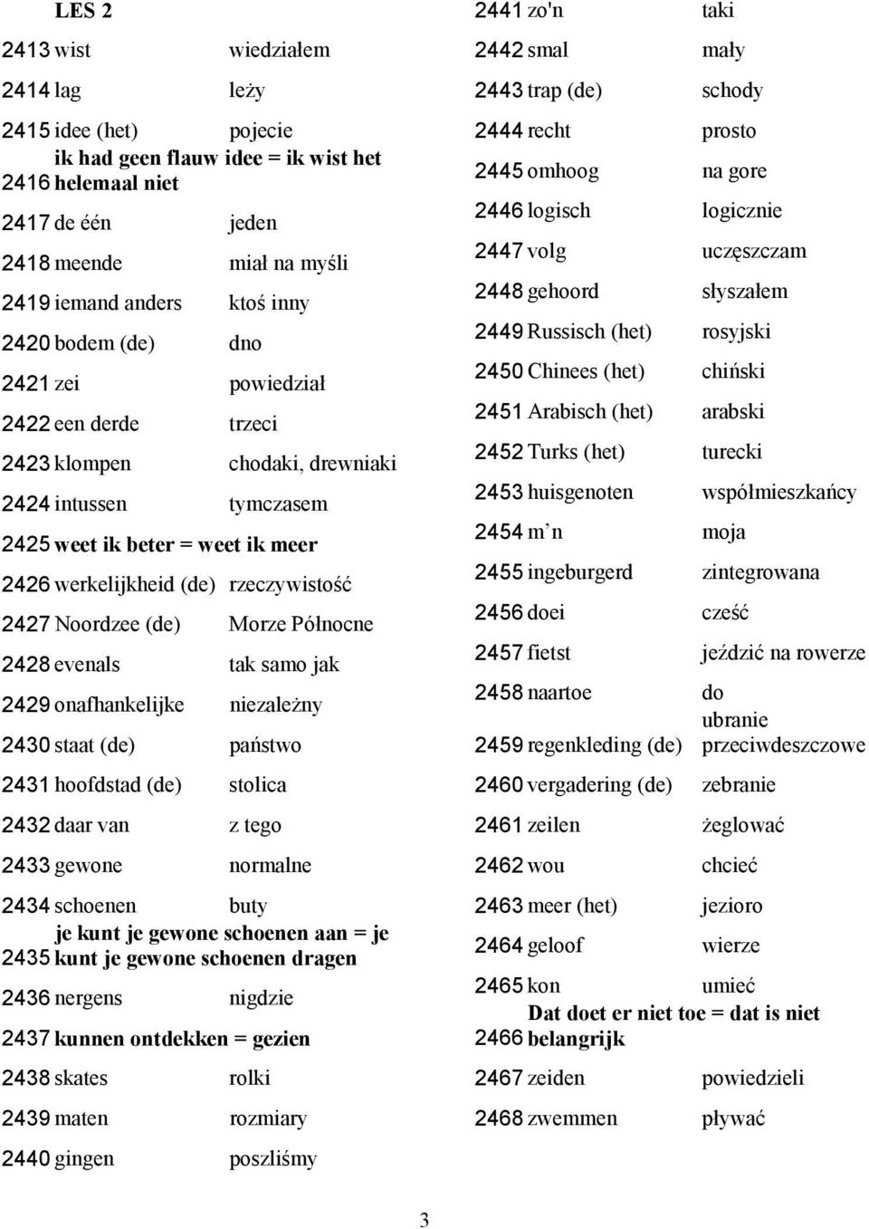 (de) Morze Północne 2428 evenals tak samo jak 2429 onafhankelijke niezależny 2430 staat (de) państwo 2431 hoofdstad (de) stolica 2432 daar van z tego 2433 gewone normalne 2434 schoenen buty je kunt