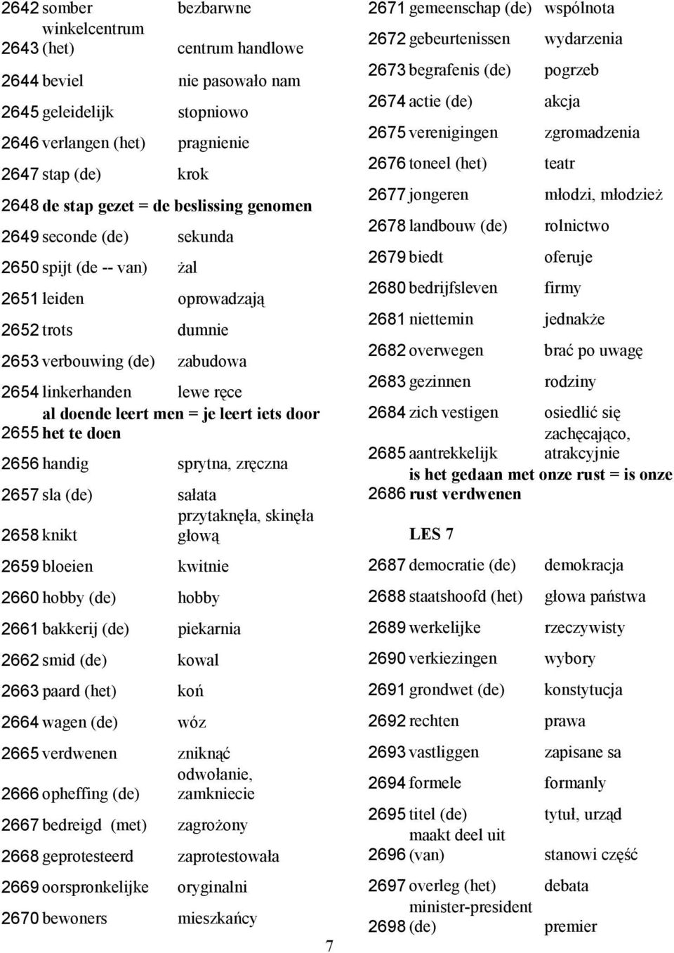 leert iets door 2655 het te doen 2656 handig sprytna, zręczna 2657 sla (de) sałata przytaknęła, skinęła 2658 knikt głową 2659 bloeien kwitnie 2660 hobby (de) hobby 2661 bakkerij (de) piekarnia 2662