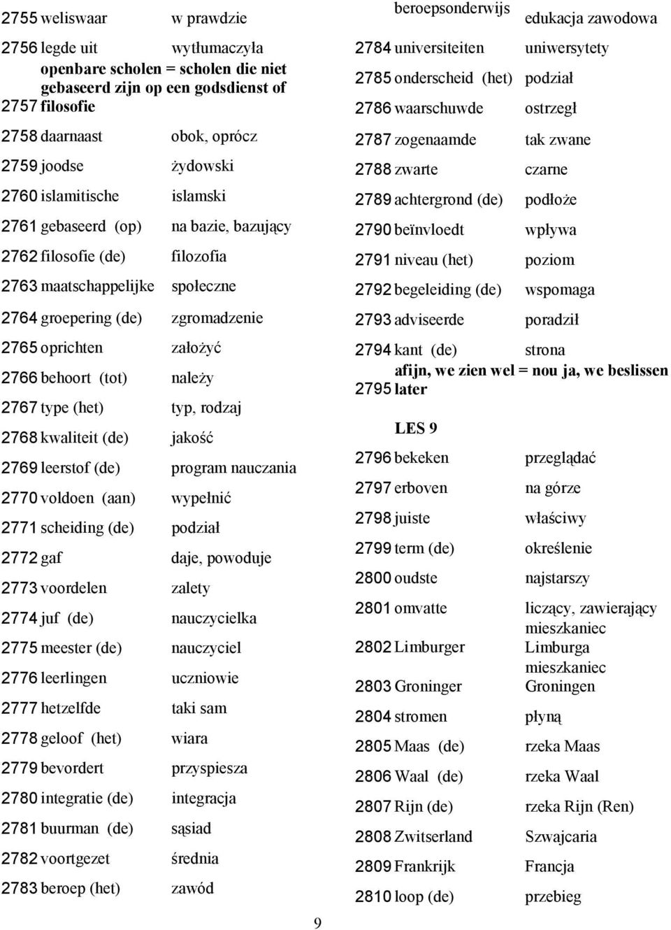 należy 2767 type (het) typ, rodzaj 2768 kwaliteit (de) jakość 2769 leerstof (de) program nauczania 2770 voldoen (aan) wypełnić 2771 scheiding (de) podział 2772 gaf daje, powoduje 2773 voordelen