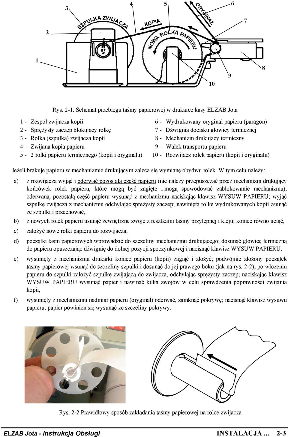 termicznej 3 - Rolka (szpulka) zwijacza kopii 8 - Mechanizm drukujący termiczny 4 - Zwijana kopia papieru 9 - Wałek transportu papieru 5-2 rolki papieru termicznego (kopii i oryginału) 10 - Rozwijacz