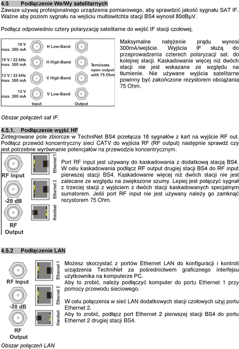 Maksymalne natężenie prądu wynosi 300mA/wejście. Wyjścia IF służą do przeprowadzenia czterech polaryzacji sat. do kolejnej stacji.