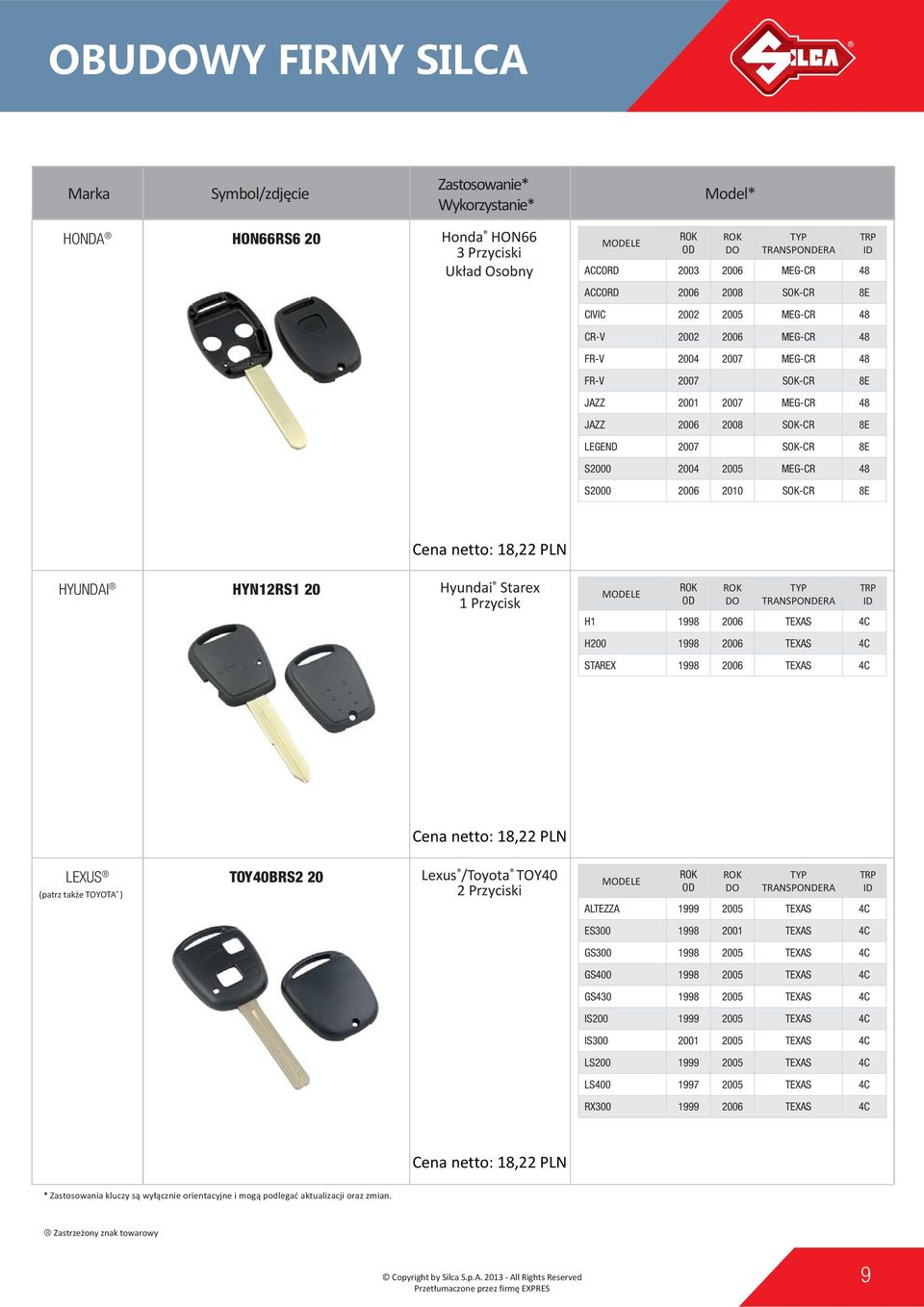 H1 1998 2006 TEXAS 4C H200 1998 2006 TEXAS 4C STAREX 1998 2006 TEXAS 4C LEXUS (patrz także TOYOTA ) TOY40BRS2 20 Lexus /Toyota TOY40 MELE ALTEZZA 1999 2005 TEXAS 4C ES300 1998 2001 TEXAS 4C GS300