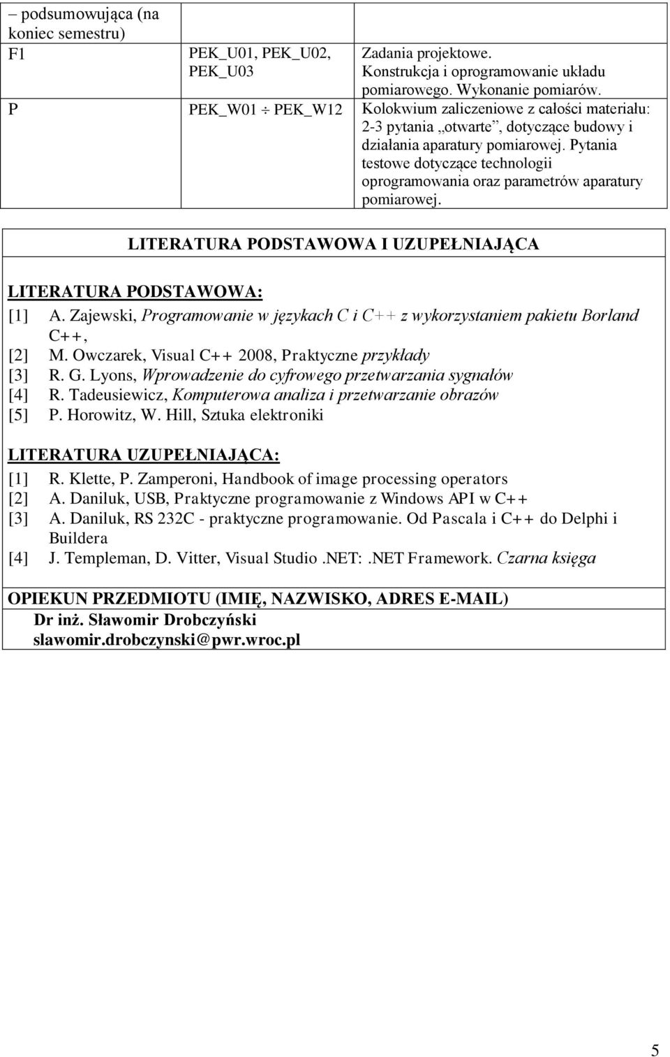 Pytania testowe dotyczące technologii oprogramowania oraz parametrów aparatury pomiarowej. LITERATURA PODSTAWOWA I UZUPEŁNIAJĄCA LITERATURA PODSTAWOWA: [1] A.