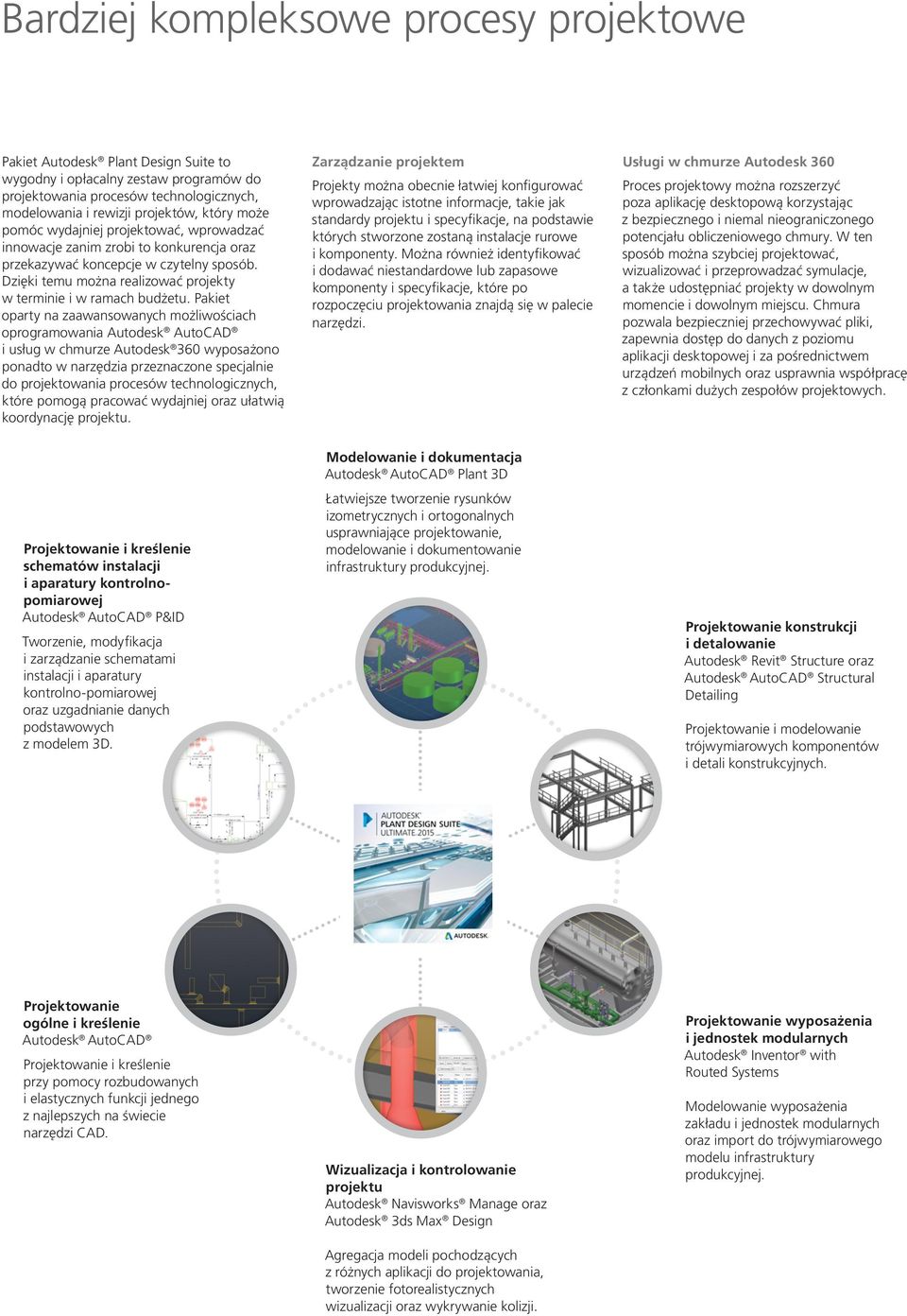 Pakiet oparty na zaawansowanych możliwościach oprogramowania Autodesk AutoCAD i usług w chmurze Autodesk 360 wyposażono ponadto w narzędzia przeznaczone specjalnie do projektowania procesów