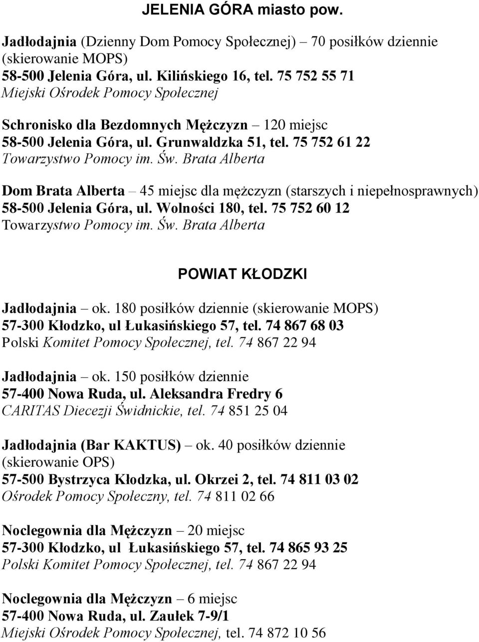 75 752 61 22 Dom Brata Alberta 45 miejsc dla mężczyzn (starszych i niepełnosprawnych) 58-500 Jelenia Góra, ul. Wolności 180, tel. 75 752 60 12 POWIAT KŁODZKI Jadłodajnia ok.