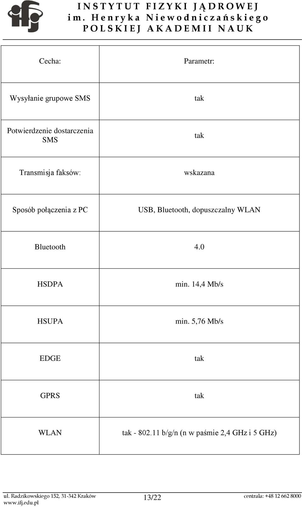 dopuszczalny WLAN Bluetooth 4.0 HSDPA min. 14,4 Mb/s HSUPA min.