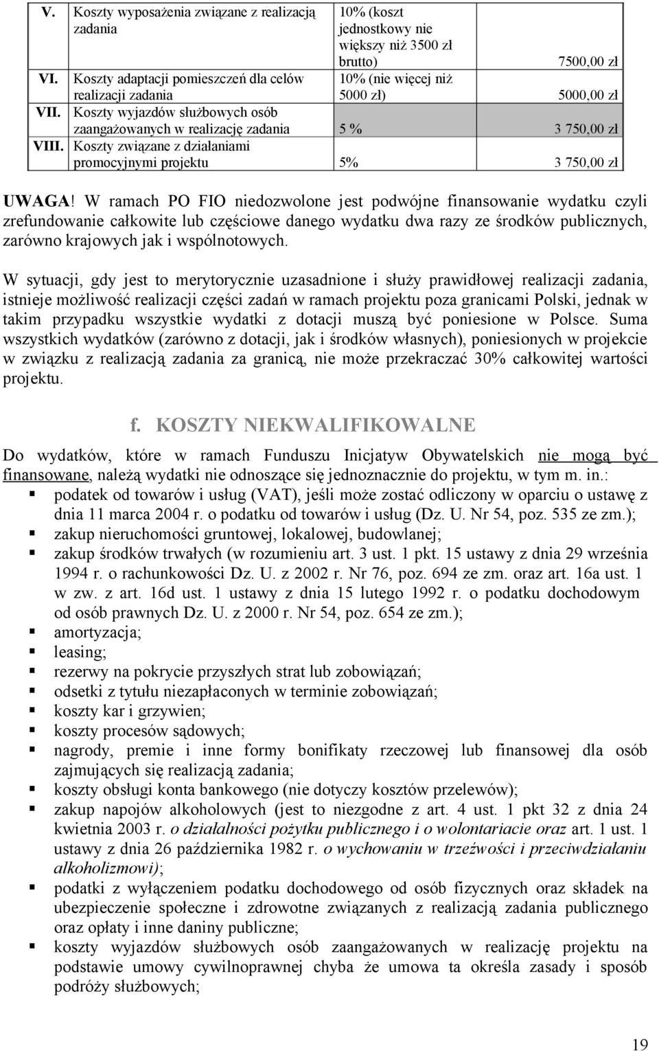 zaangażowanych w realizację zadania 5 % 3 750,00 zł VIII. Koszty związane z działaniami promocyjnymi projektu 5% 3 750,00 zł UWAGA!