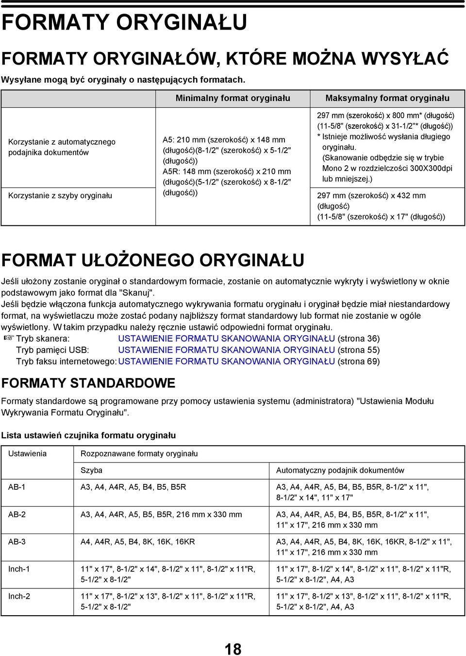 (szerokość) x 20 mm (długość)(5-/2" (szerokość) x 8-/2" (długość)) Maksymalny format oryginału 297 mm (szerokość) x 800 mm* (długość) (-5/8" (szerokość) x 3-/2"* (długość)) * Istnieje możliwość