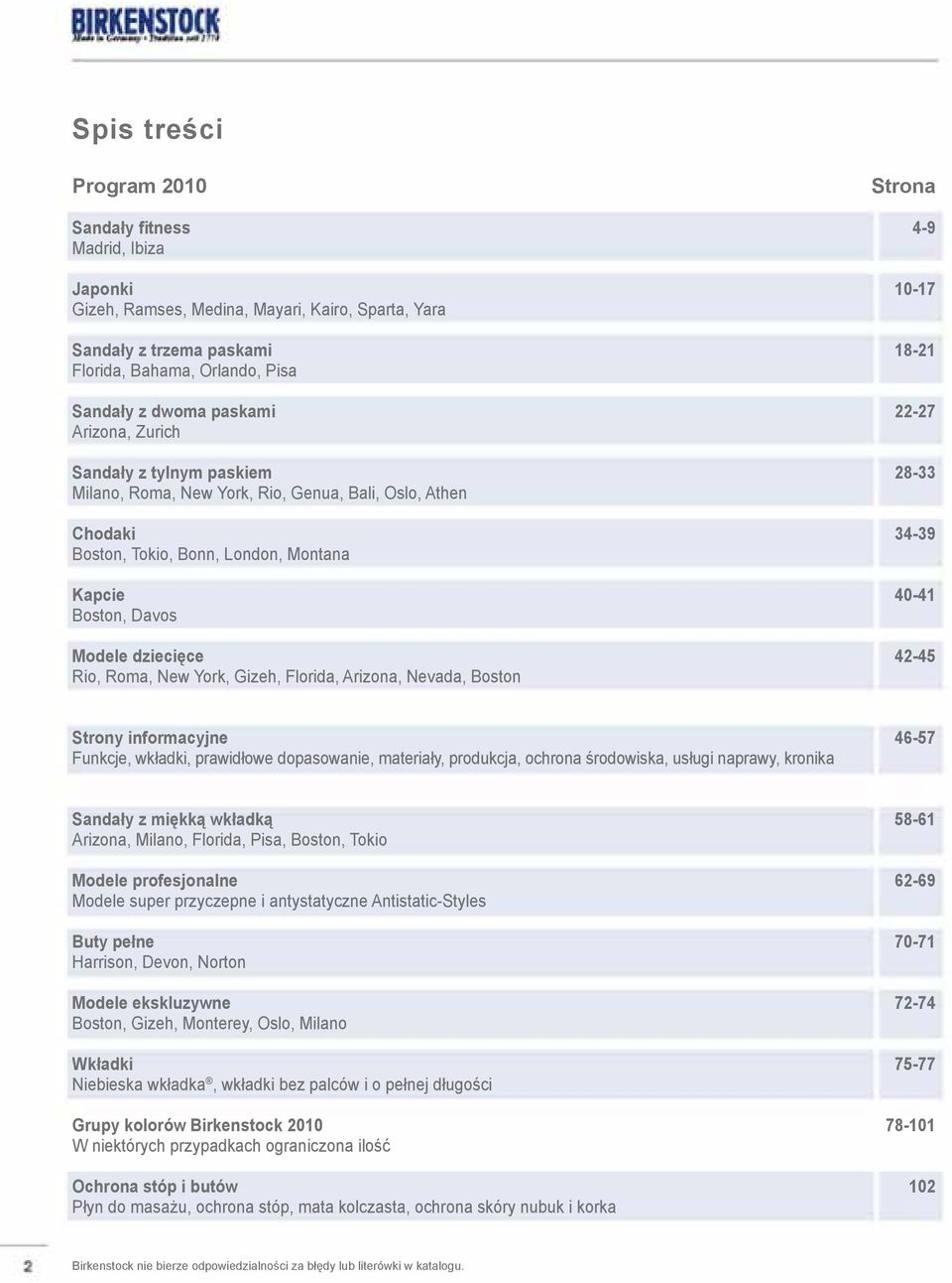 Boston, Davos Modele dziecięce 42-45 Rio, Roma, New York, Gizeh, Florida, Arizona, Nevada, Boston Strony informacyjne 46-57 Funkcje, wkładki, prawidłowe dopasowanie, materiały, produkcja, ochrona