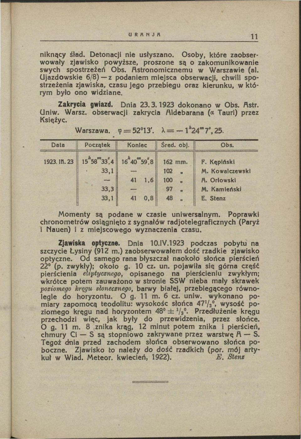 Warsz. obserwacji zarycia F\ldebarana (a Tauri) przez Księżyc. Warszawa. ~=52 13'. A= -1''24"'7s, 25. Data Począte li Koniec /l Śred. obj. Ob s. 1923.In. 23 15h58"'33~ 4 16''4o"'s9~ a 162 mm. F. Kęplńsl 33, l 102 M.