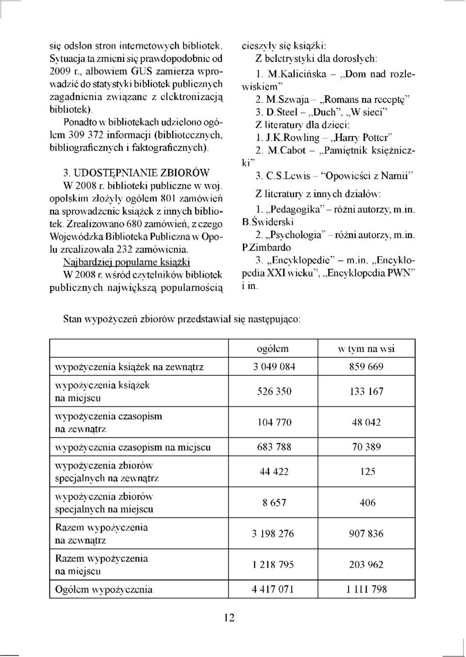 Ponadto w bibliotekach udzielono ogółem 309 372 informacji (bibliotecznych, bibliograficznych i faktograficznych). 3. UDOSTĘPNIANIE ZBIORÓW W 2008 r. biblioteki publiczne w woj.