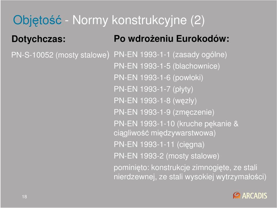 PN-EN 1993-1-9 (zmęczenie) PN-EN 1993-1-10 (kruche pękanie & ciągliwość międzywarstwowa) PN-EN 1993-1-11 (cięgna)