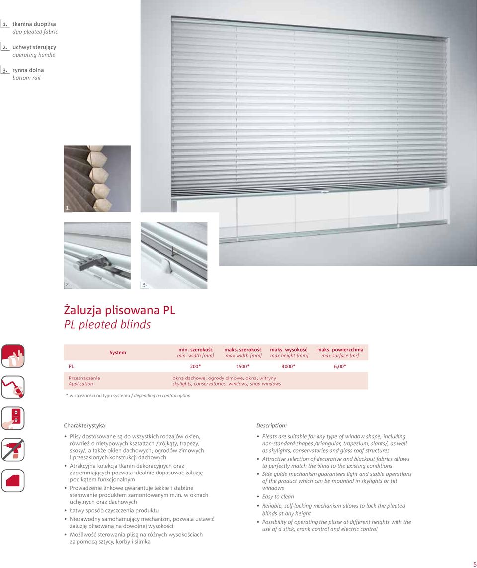 Żaluzja plisowana PL PL pleated blinds PL 200* 1500* 4000* 6,00* okna dachowe, ogrody zimowe, okna, witryny skylights, conservatories, windows, shop windows Plisy dostosowane są do wszystkich