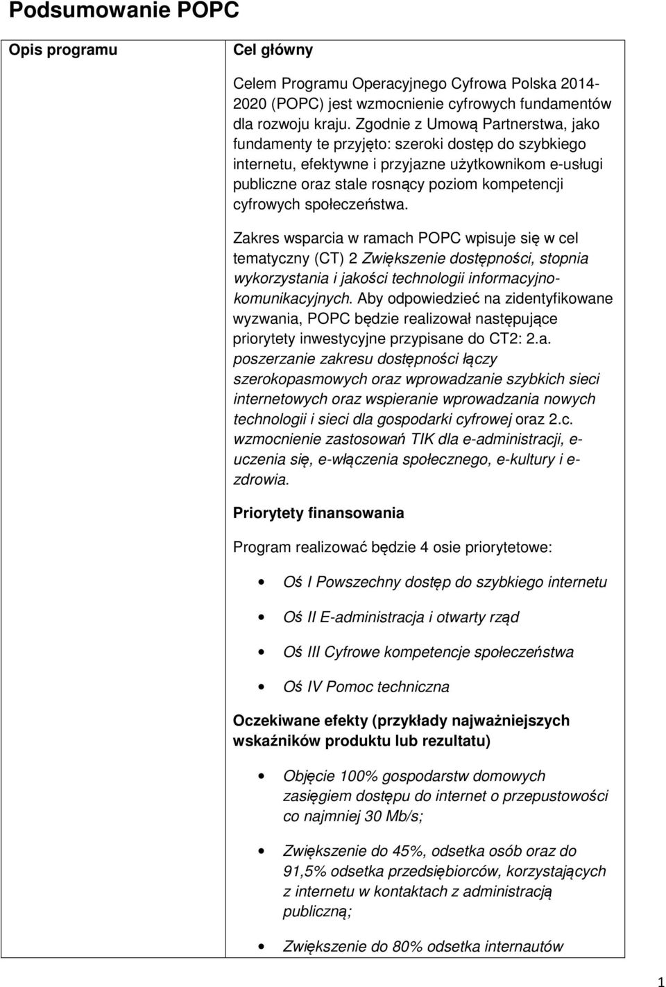 społeczeństwa. Zakres wsparcia w ramach POPC wpisuje się w cel tematyczny (CT) 2 Zwiększenie dostępności, stopnia wykorzystania i jakości technologii informacyjnokomunikacyjnych.