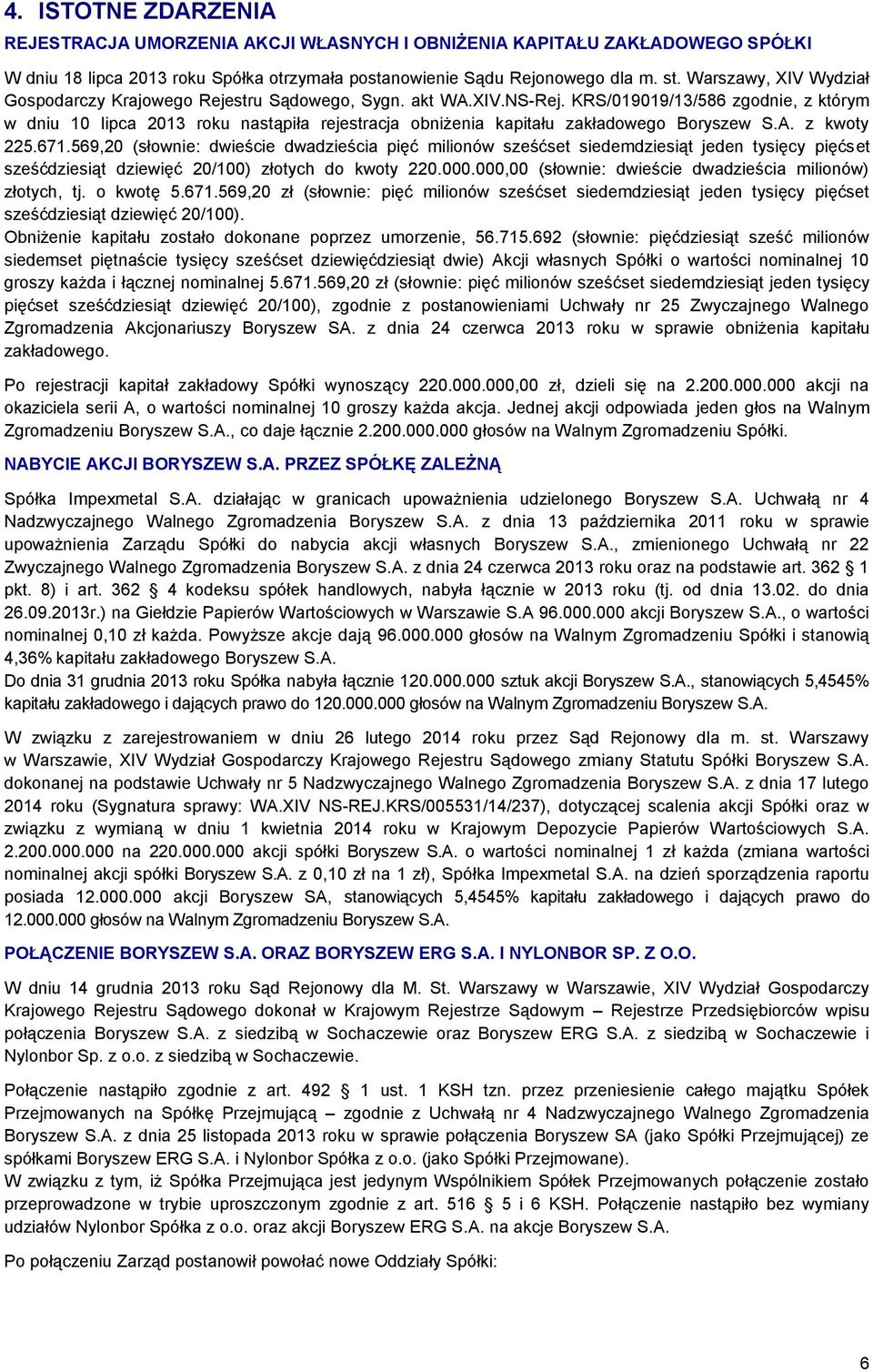 KRS/019019/13/586 zgodnie, z którym w dniu 10 lipca 2013 roku nastąpiła rejestracja obniżenia kapitału zakładowego Boryszew S.A. z kwoty 225.671.