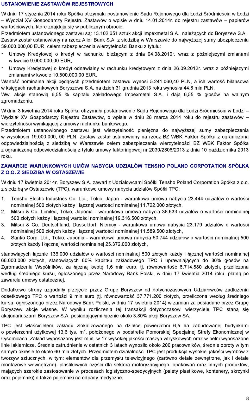 , należących do Boryszew S.A. Zastaw został ustanowiony na rzecz Alior Bank S.A. z siedzibą w Warszawie do najwyższej sumy ubezpieczenia 39.000.