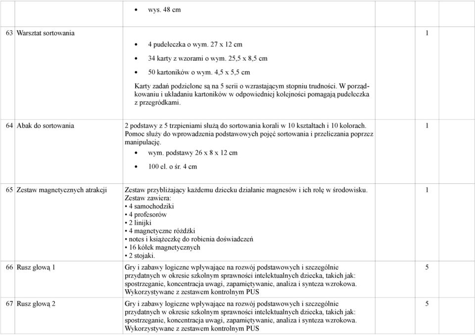 64 Abak do sortowania podstawy z 5 trzpieniami służą do sortowania korali w 0 kształtach i 0 kolorach. Pomoc służy do wprowadzenia podstawowych pojęć sortowania i przeliczania poprzez manipulację.