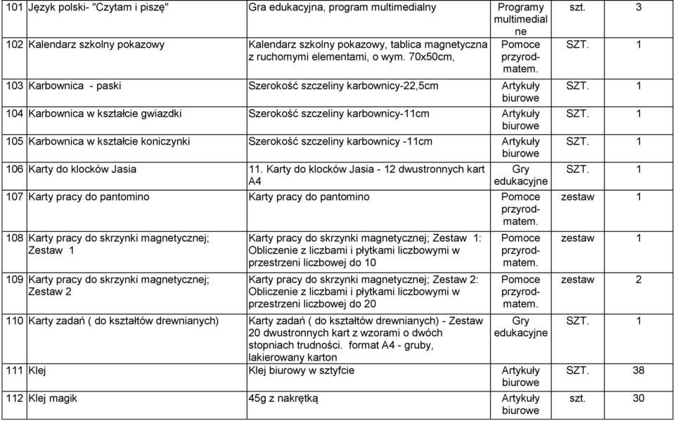 koniczynki Szerokość szczeliny karbownicy -11cm Artykuły 106 Karty do klocków Jasia 11.