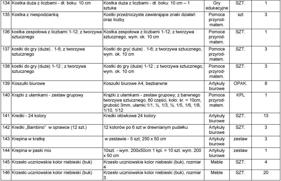 1-6; z tworzywa sztuczgo 138 kostki do gry (duże) 1-12 ; z tworzywa sztuczgo Kostka zespołowa z liczbami 1-12; z tworzywa sztuczgo, wym. ok. 10 cm Kostki do gry( duże). 1-6; z tworzywa sztuczgo, wym.