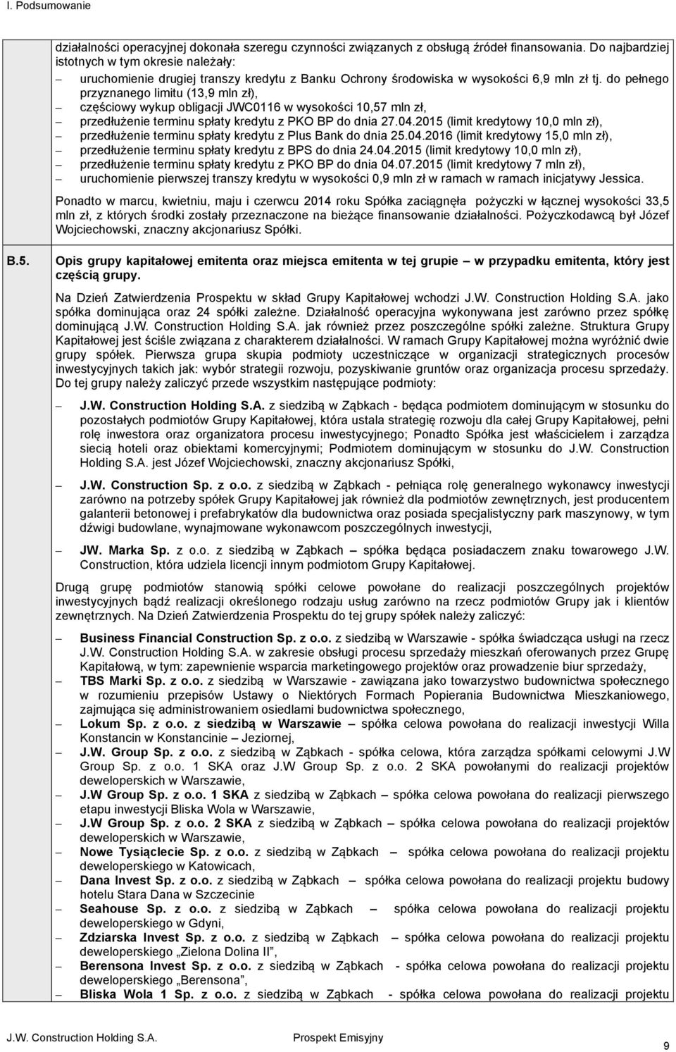 do pełnego przyznanego limitu (13,9 mln zł), częściowy wykup obligacji JWC0116 w wysokości 10,57 mln zł, przedłużenie terminu spłaty kredytu z PKO BP do dnia 27.04.