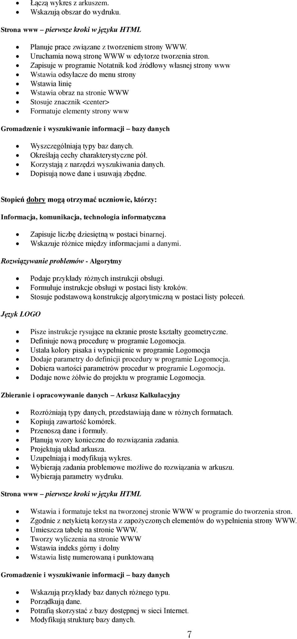 Wyszczególniają typy baz danych. Określają cechy charakterystyczne pół. Korzystają z narzędzi wyszukiwania danych. Dopisują nowe dane i usuwają zbędne.