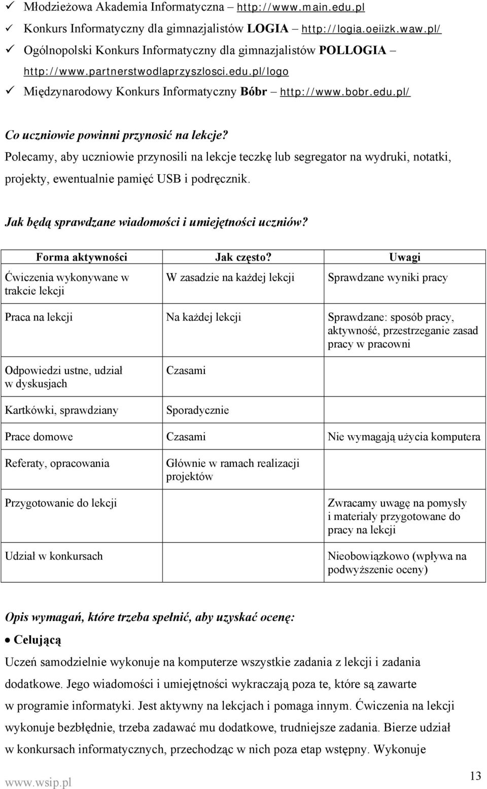 Polecamy, aby uczniowie przynosili na lekcje teczkę lub segregator na wydruki, notatki, projekty, ewentualnie pamięć USB i podręcznik. Jak będą sprawdzane wiadomości i umiejętności uczniów?