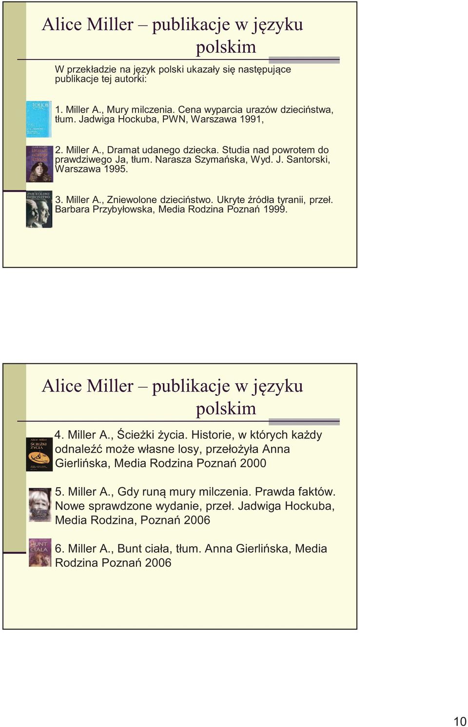 Ukryte ródła tyranii, przeł. Barbara Przybyłowska, Media Rodzina Pozna 1999. Alice Miller publikacje w j zyku polskim 4. Miller A., cie ki ycia.