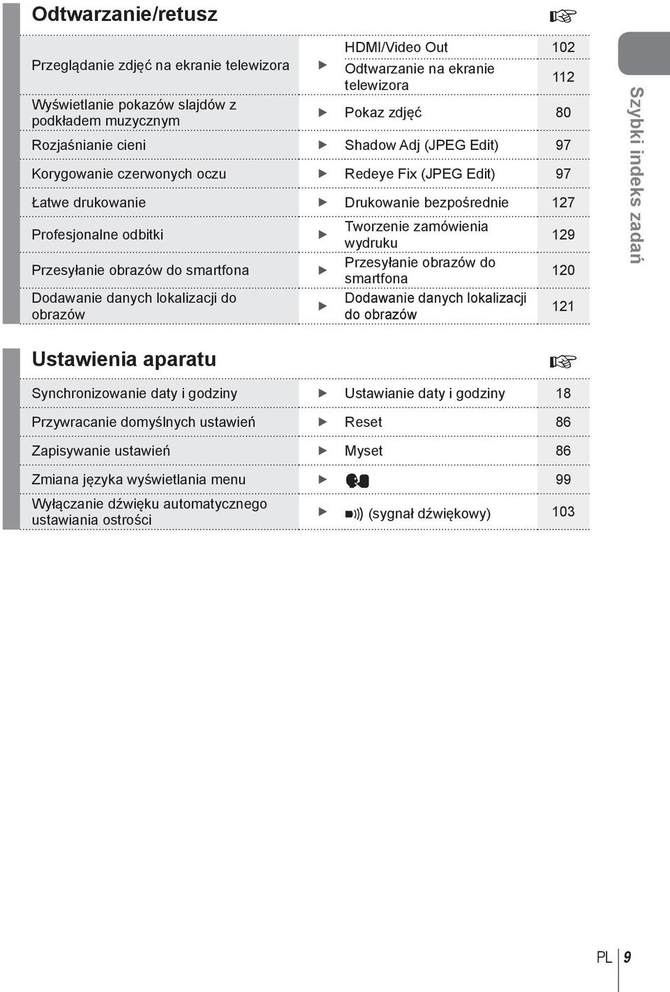 obrazów do smartfona Przesyłanie obrazów do smartfona 10 Dodawanie danych lokalizacji do Dodawanie danych lokalizacji obrazów do obrazów 11 Szybki indeks zadań Ustawienia aparatu g Synchronizowanie