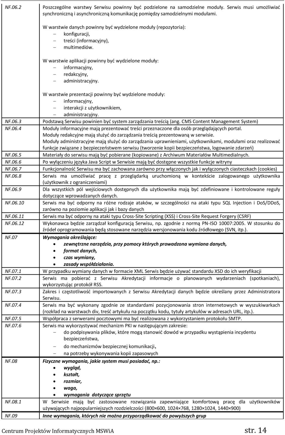 W warstwie aplikacji powinny byd wydzielone moduły: informacyjny, redakcyjny, administracyjny. NF.06.3 NF.06.4 NF.06.5 NF.06.6 NF.06.7 NF.06.8 NF.06.9 NF.06.10 NF.06.11 NF.06.12 NF.07 NF.07.1 NF.07.2 NF.07.3 NF.07.4 NF.07.5 NF.07.6 NF.08 NF.