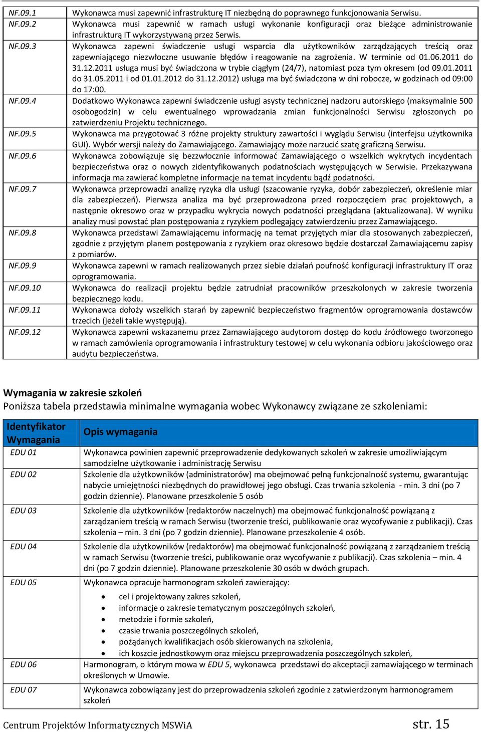 2011 do 31.12.2011 usługa musi byd świadczona w trybie ciągłym (24/7), natomiast poza tym okresem (od 09.01.2011 do 31.05.2011 i od 01.01.2012 do 31.12.2012) usługa ma byd świadczona w dni robocze, w godzinach od 09:00 do 17:00.