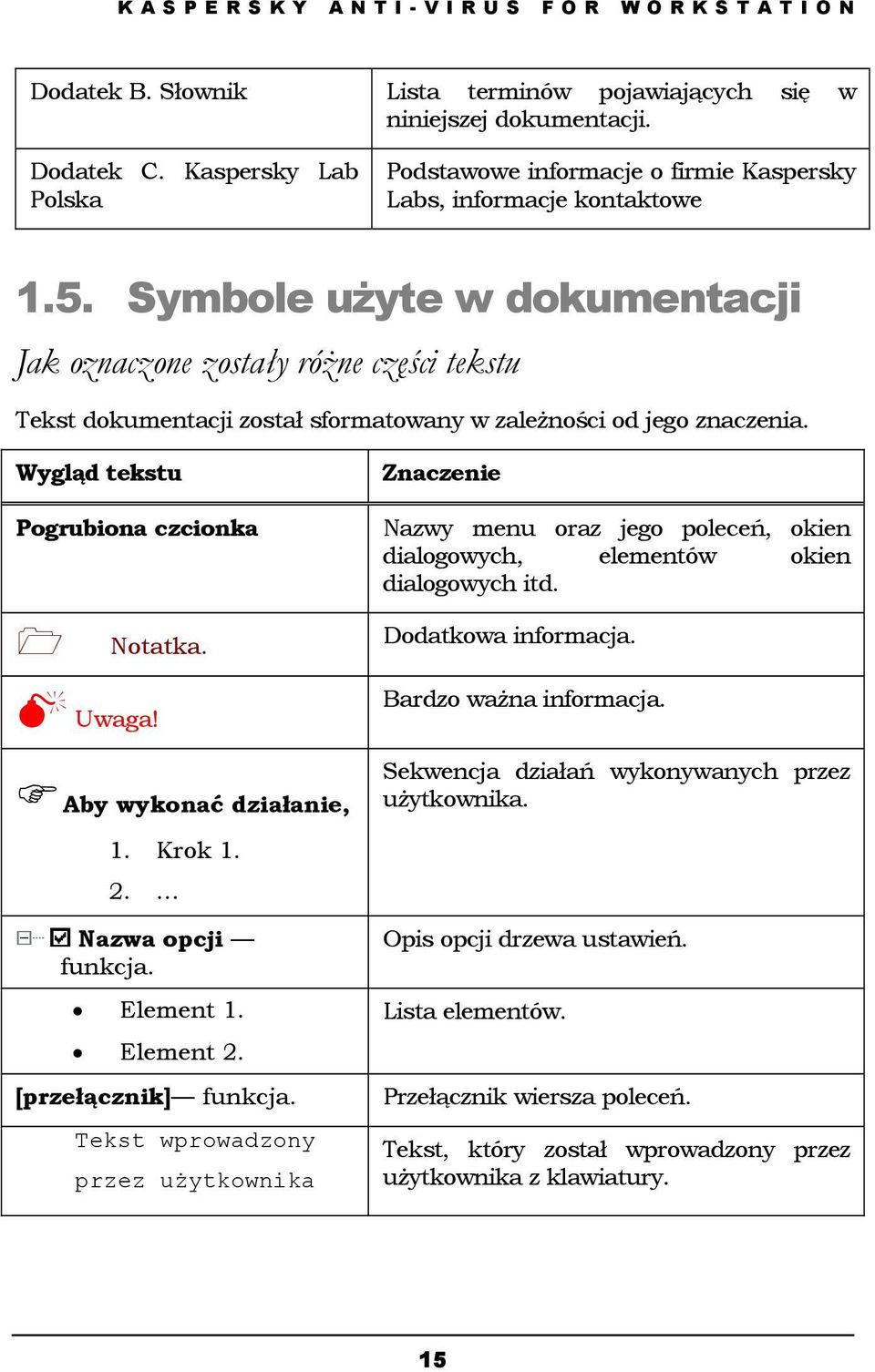 Symbole użyte w dokumentacji Jak oznaczone zostały różne części tekstu Tekst dokumentacji został sformatowany w zależności od jego znaczenia. Wygląd tekstu Pogrubiona czcionka! Notatka. # Uwaga!