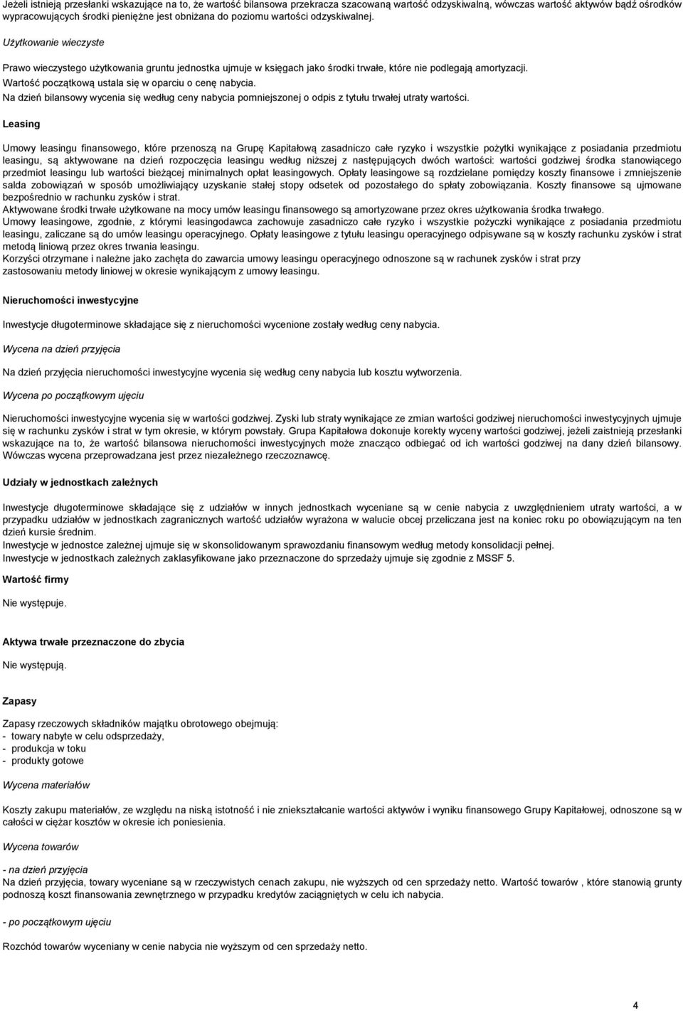 Wartość początkową ustala się w oparciu o cenę nabycia. Na dzień bilansowy wycenia się według ceny nabycia pomniejszonej o odpis z tytułu trwałej utraty wartości.