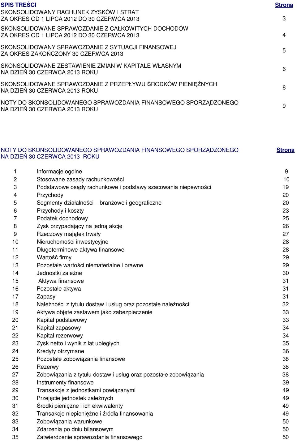 PRZEPŁYWU ŚRODKÓW PIENIĘŻNYCH NA DZIEŃ 30 CZERWCA 2013 ROKU NOTY DO SKONSOLIDOWANEGO SPRAWOZDANIA FINANSOWEGO SPORZĄDZONEGO NA DZIEŃ 30 CZERWCA 2013 ROKU 5 6 8 9 NOTY DO SKONSOLIDOWANEGO SPRAWOZDANIA