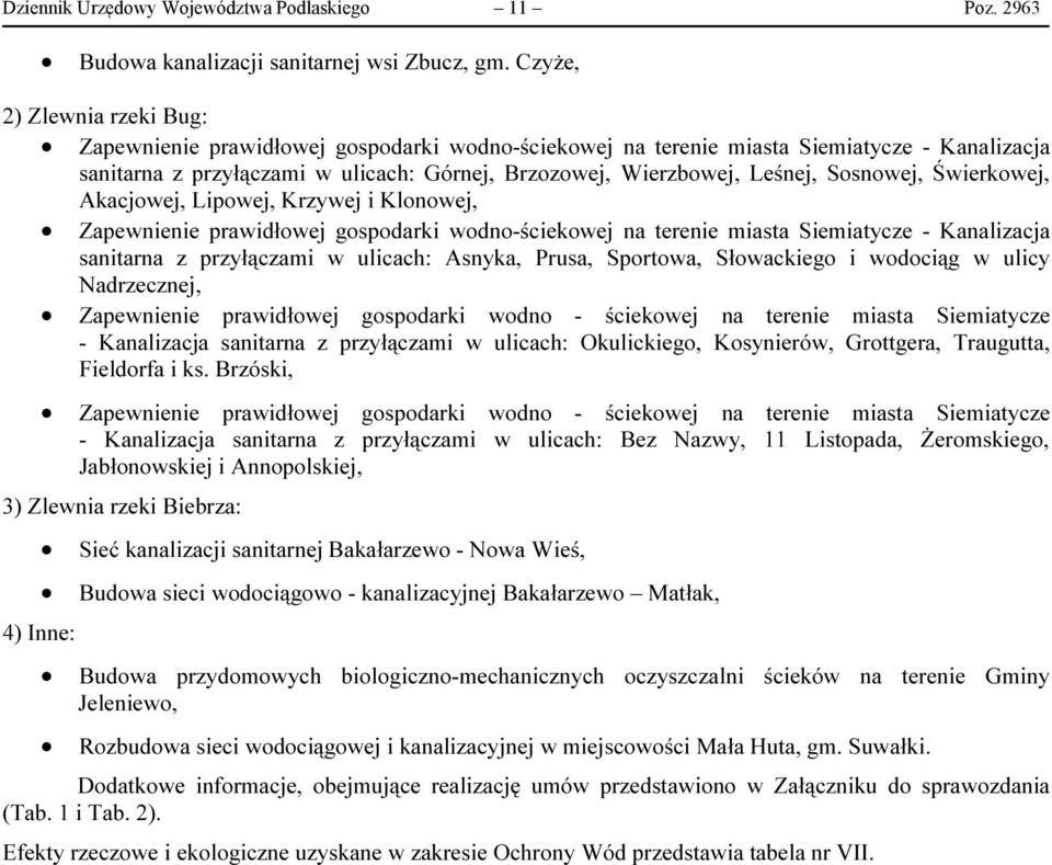 Sosnowej, Świerkowej, Akacjowej, Lipowej, Krzywej i Klonowej, Zapewnienie prawidłowej gospodarki wodno-ściekowej na terenie miasta Siemiatycze - Kanalizacja sanitarna z przyłączami w ulicach: Asnyka,