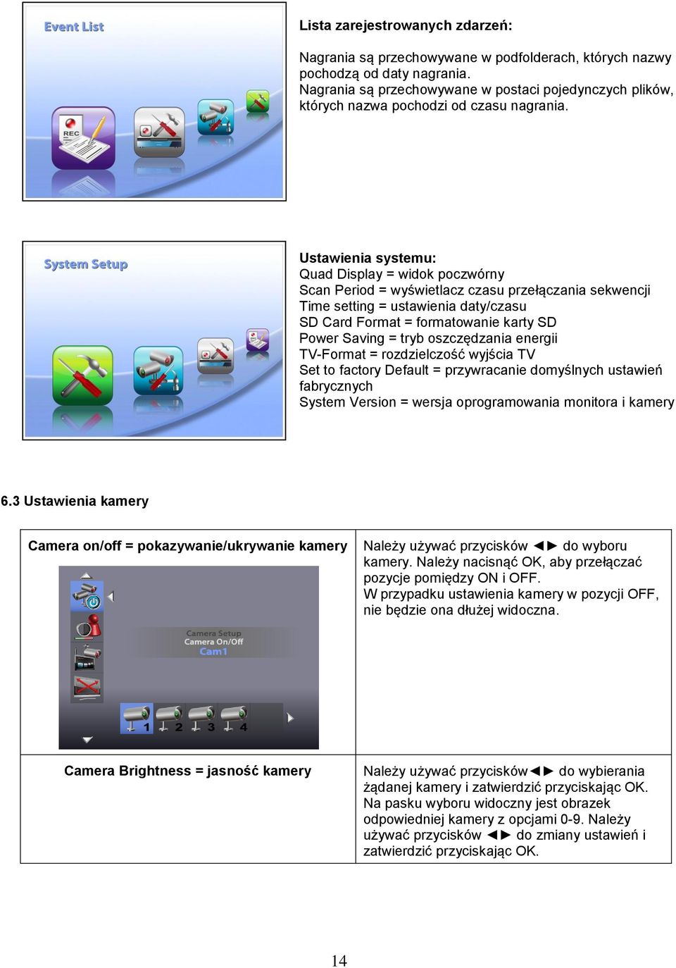 Ustawienia systemu: Quad Display = widok poczwórny Scan Period = wyświetlacz czasu przełączania sekwencji Time setting = ustawienia daty/czasu SD Card Format = formatowanie karty SD Power Saving =