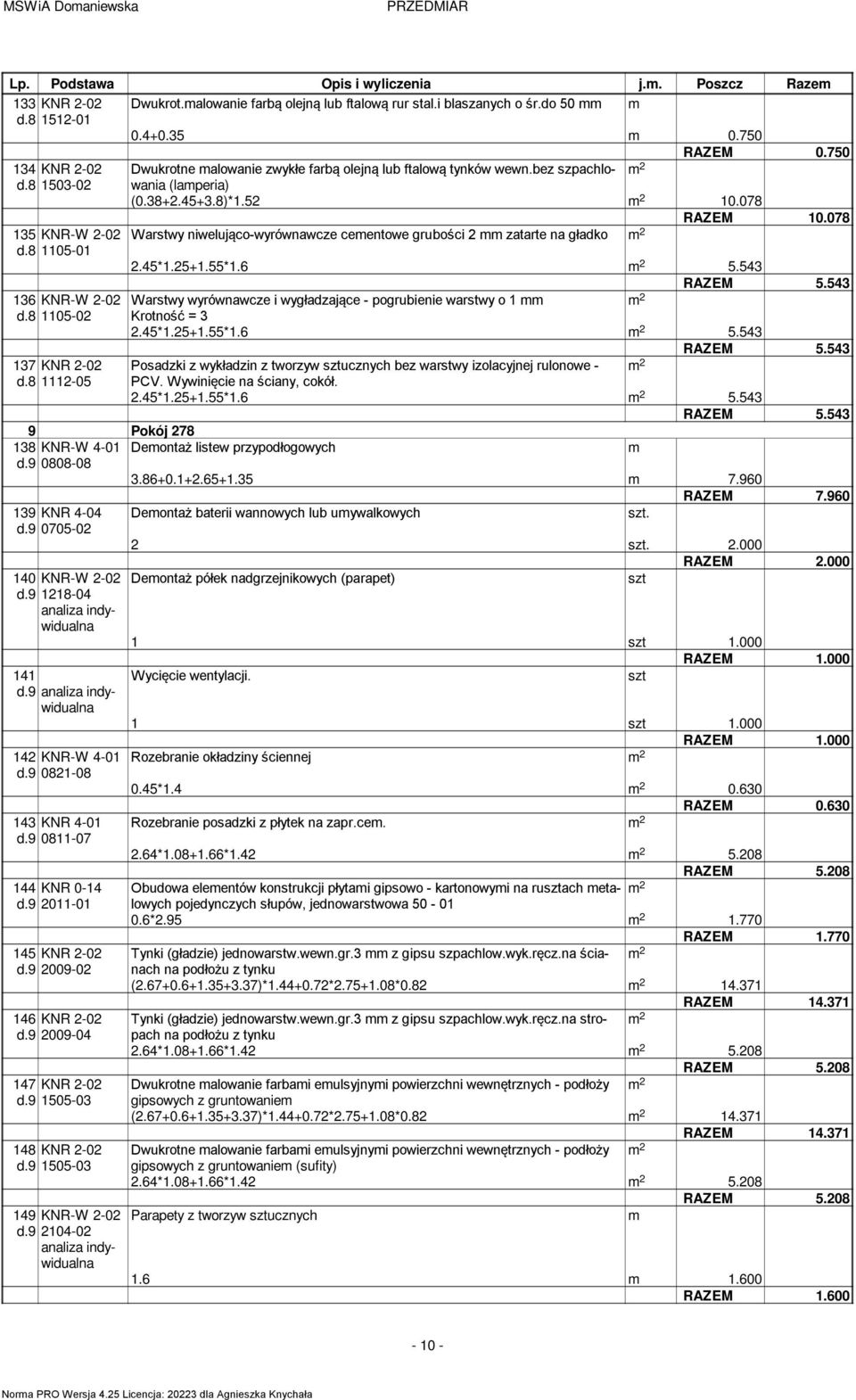 078 135 KNR-W 2-02 Warstwy niwelująco-wyrównawcze ceentowe grubości 2 zatarte na gładko d.8 1105-01 2.45*1.25+1.55*1.6 5.543 RAZEM 5.
