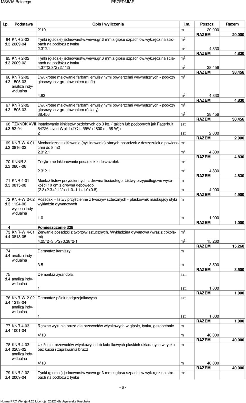 3 1505-03 Dwukrotne alowanie farbai eulsyjnyi powierzchni wewnętrznych - podłoży gipsowych z gruntowanie (sufit) 4.83 4.830 RAZEM 4.