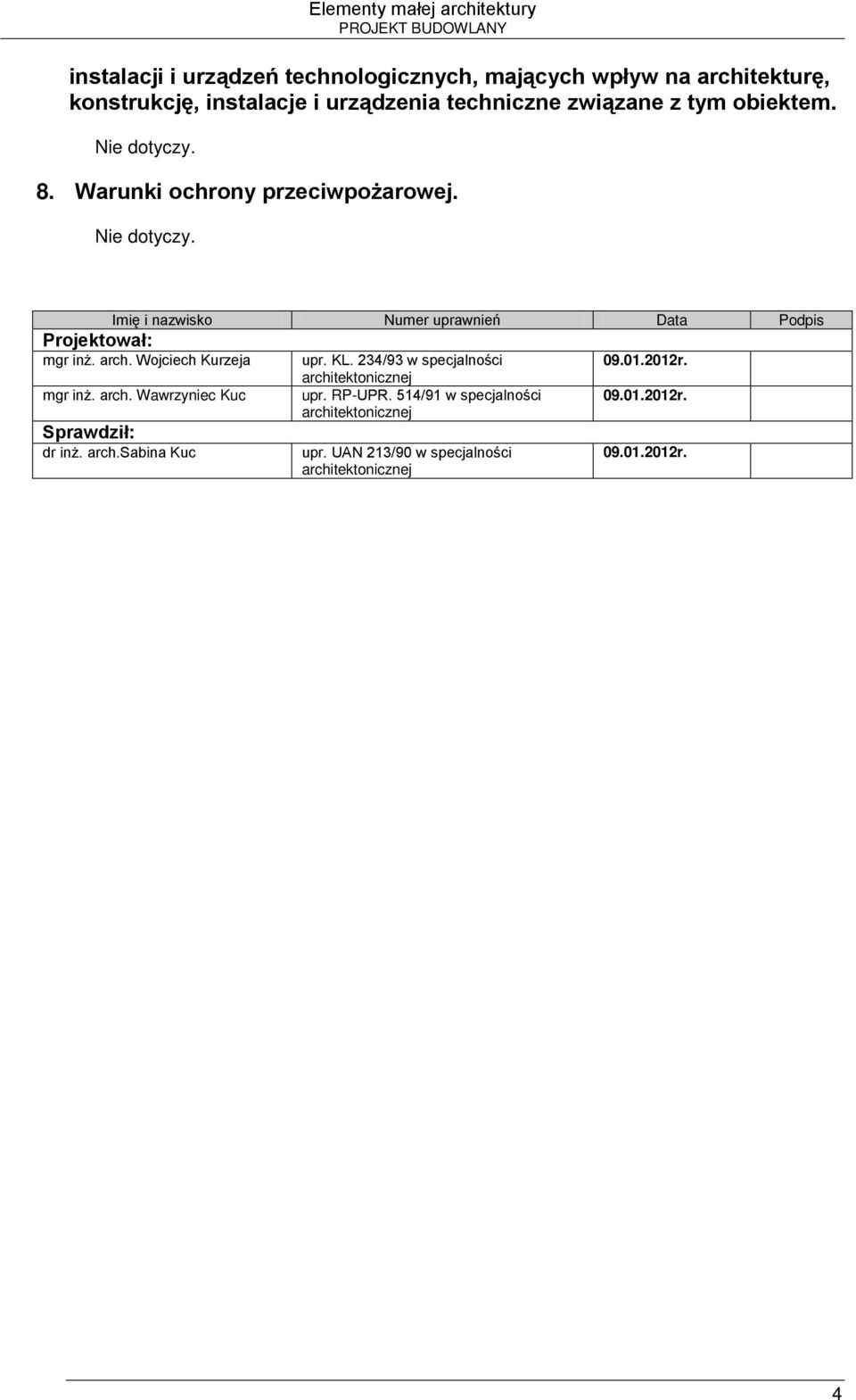 Wojciech Kurzeja upr. KL. 234/93 w specjalności 09.01.2012r. architektonicznej mgr inż. arch. Wawrzyniec Kuc upr. RP-UPR.
