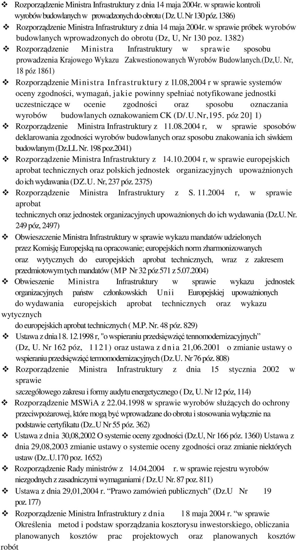 1382) Rozporządzenie Ministra Infrastruktury w sprawie sposobu prowadzenia Krajowego Wykazu Zakwestionowanych Wyrobów Budowlanych.(Dz,U. Nr, 18 póz 1861) Rozporządzenie Ministra Infrastruktury z 1l.