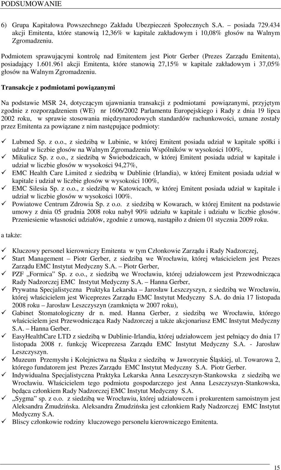 961 akcji Emitenta, które stanowią 27,15% w kapitale zakładowym i 37,05% głosów na Walnym Zgromadzeniu.