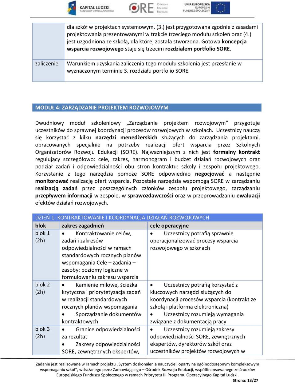 zaliczenie Warunkiem uzyskania zaliczenia tego modułu szkolenia jest przesłanie w wyznaczonym terminie 3. rozdziału portfolio SORE.