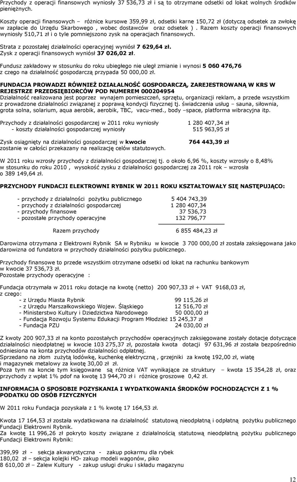 Razem koszty operacji finansowych wyniosły 510,71 zł i o tyle pomniejszono zysk na operacjach finansowych. Strata z pozostałej działalności operacyjnej wyniósł 7 629,64 zł.